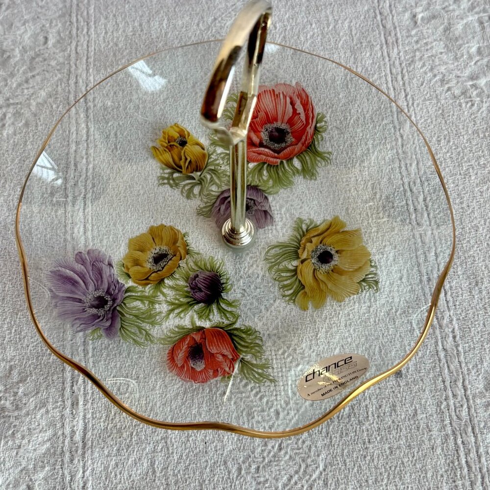 Chance Pilkington Poppy Fluted Edge Clear Glass Gilt Rim Relish Dish with Handle